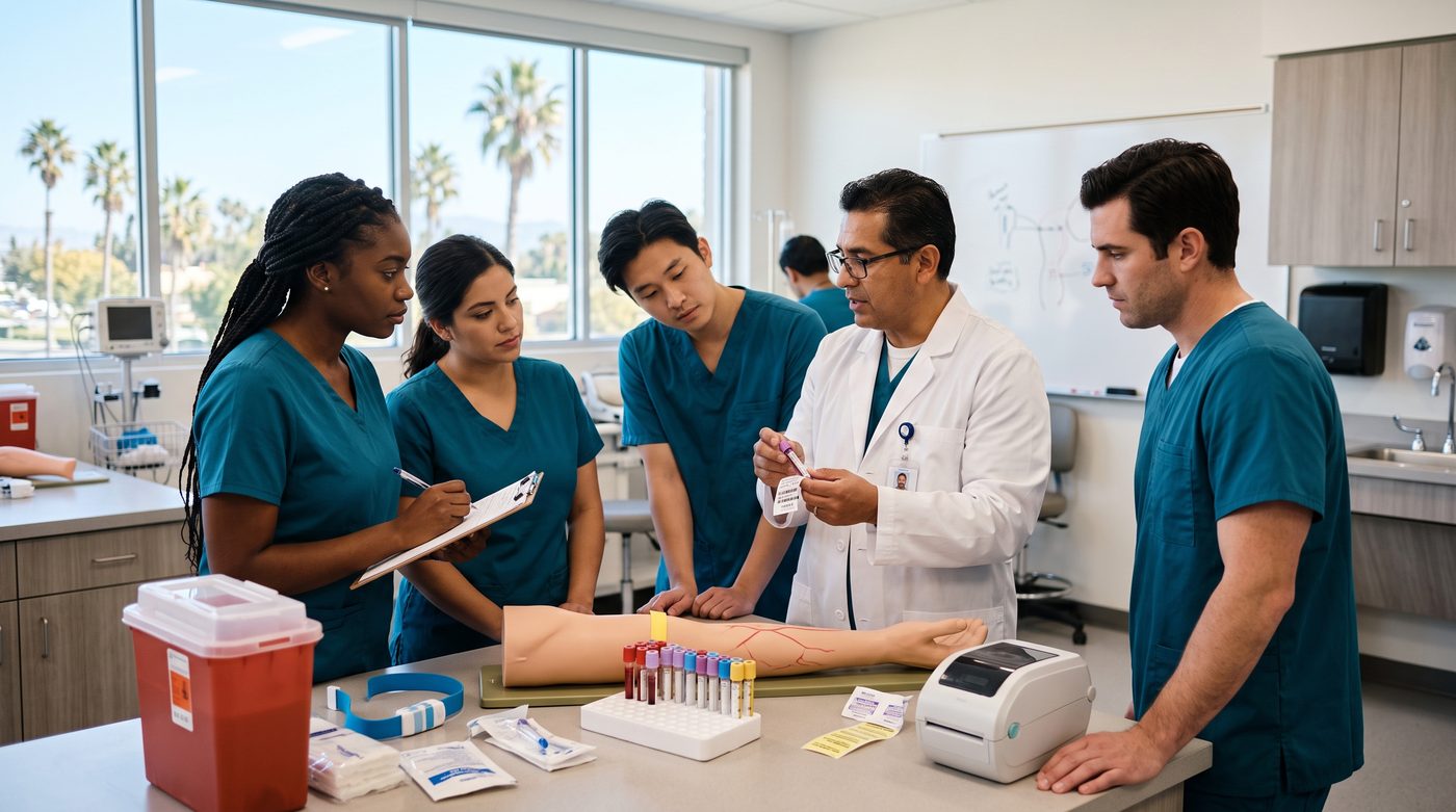 A small phlebotomy class practicing tube handling with an instructor at Montes HealthCare College.