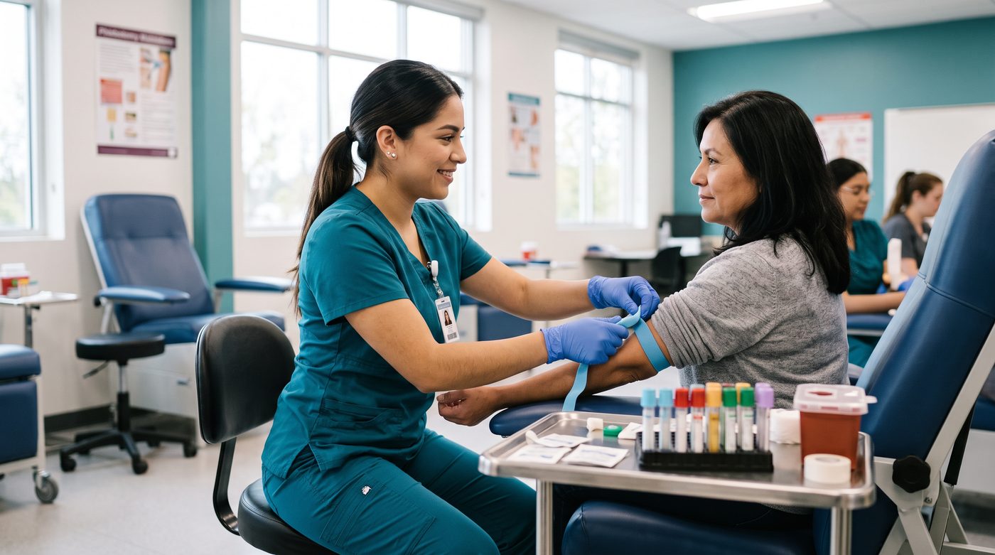 An MHCC phlebotomy student performing a supervised venipuncture in the clinical classroom.